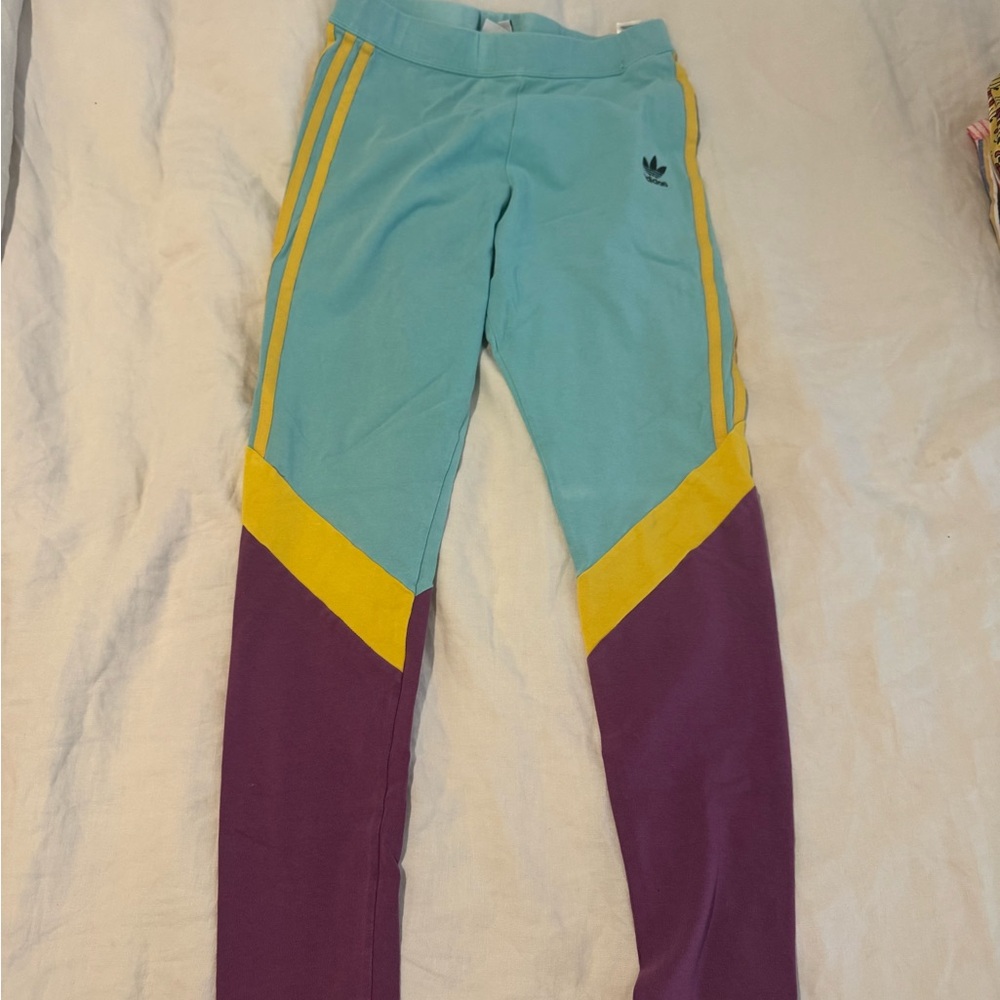Adidas Teal and Purple Track Pants with Yellow Accents